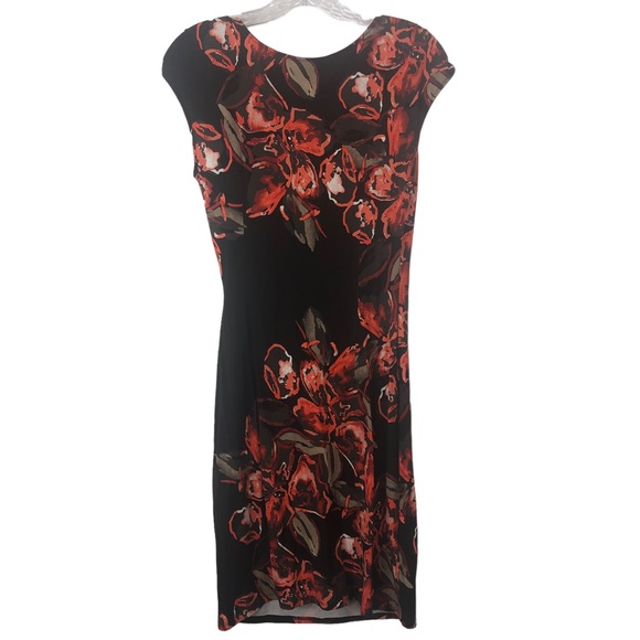 NWT Ann Taylor Brown Orange Floral Faux Wrap Neckline Sleeveless MIDI Dress - Picture 2 of 13